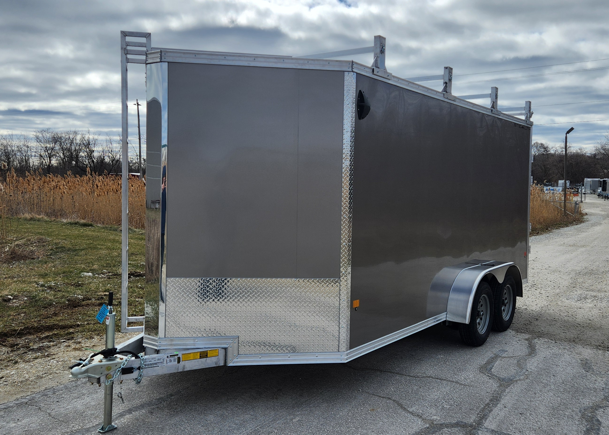 CargoPro Stealth 7 X 16 Aluminum Frame Tandem Axle Contractor Cargo Trailer Double Rear Doors, 79 inch Interior Height- Pewter